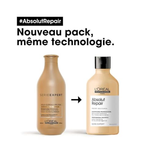 L'Oréal Professionnel, Shampoing Réparateur Instantané, Cheveux Secs & Abîmés, Nourrit Intensément la Fibre, Répare & Renforce les Zones Fragilisées, Absolut Repair, Serie Expert, 300ml