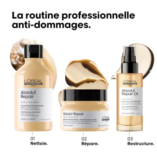 L'Oréal Professionnel, Shampoing Réparateur Instantané, Cheveux Secs & Abîmés, Nourrit Intensément la Fibre, Répare & Renforce les Zones Fragilisées, Absolut Repair, Serie Expert, 300ml