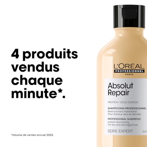 L'Oréal Professionnel, Shampoing Réparateur Instantané, Cheveux Secs & Abîmés, Nourrit Intensément la Fibre, Répare & Renforce les Zones Fragilisées, Absolut Repair, Serie Expert, 300ml