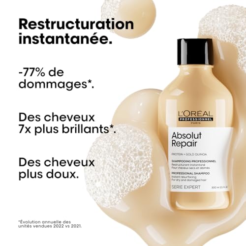 L'Oréal Professionnel, Shampoing Réparateur Instantané, Cheveux Secs & Abîmés, Nourrit Intensément la Fibre, Répare & Renforce les Zones Fragilisées, Absolut Repair, Serie Expert, 300ml