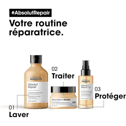 L'Oréal Professionnel, Shampoing Réparateur Instantané, Cheveux Secs & Abîmés, Nourrit Intensément la Fibre, Répare & Renforce les Zones Fragilisées, Absolut Repair, Serie Expert, 300ml