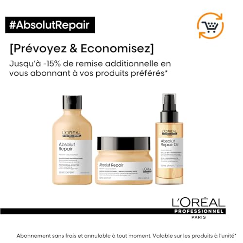 L'Oréal Professionnel, Shampoing Réparateur Instantané, Cheveux Secs & Abîmés, Nourrit Intensément la Fibre, Répare & Renforce les Zones Fragilisées, Absolut Repair, Serie Expert, 300ml