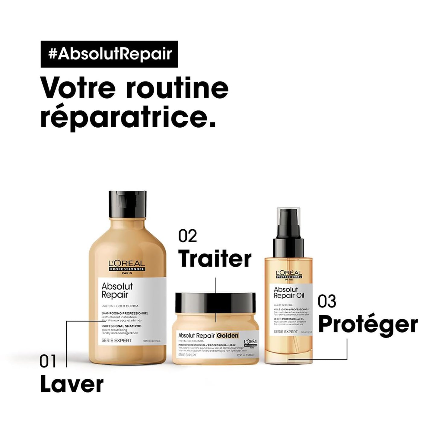 L'Oréal Professionnel, Shampoing Réparateur Instantané, Cheveux Secs & Abîmés, Nourrit Intensément la Fibre, Répare & Renforce les Zones Fragilisées, Absolut Repair, Serie Expert, 300ml