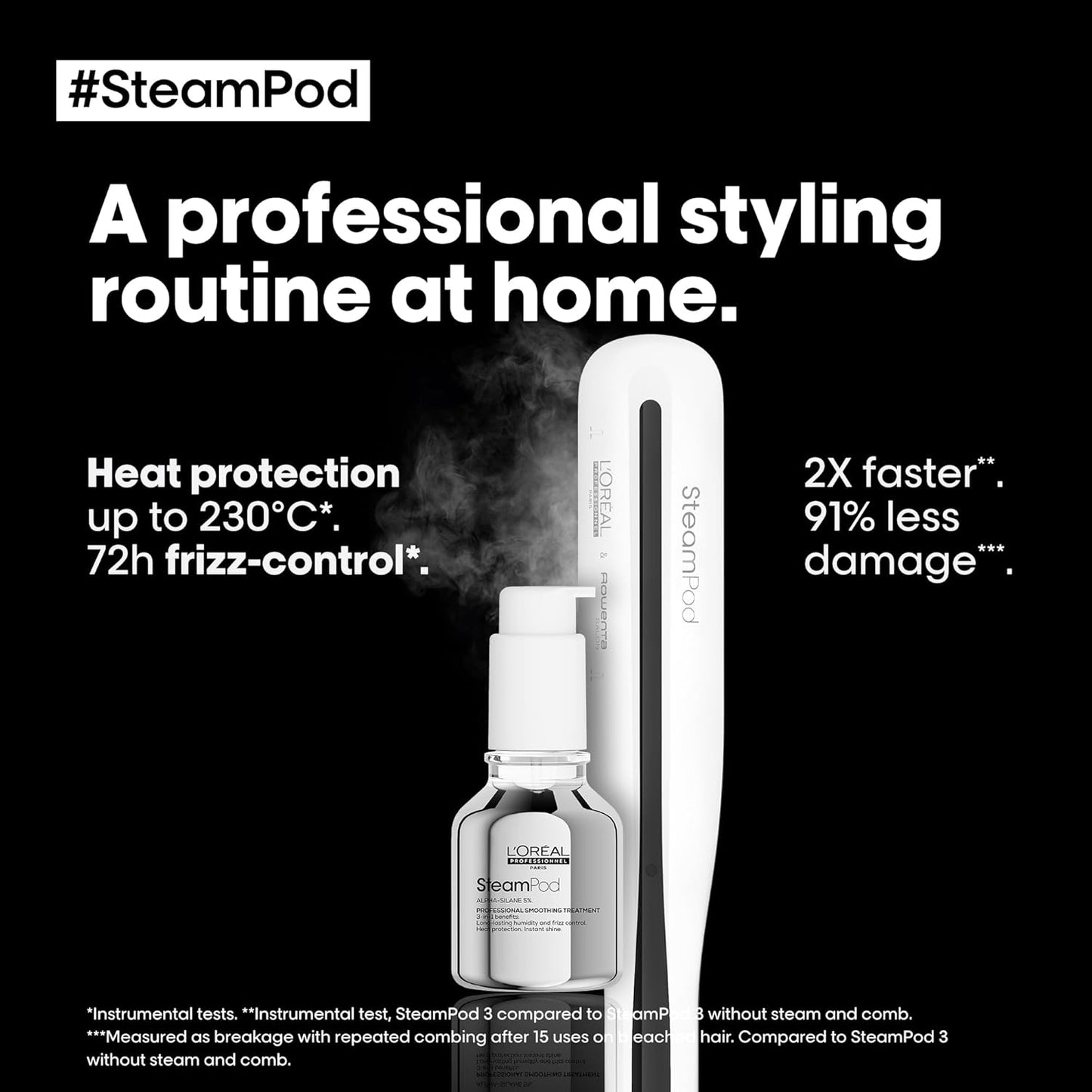 L'Oréal Professionnel, Soin Lissant Concentré SteamPod, Thermoprotecteur & Haute Résistance contre l'Humidité, Anti-Frisottis, Formule Anhydre Brevetée, Compatible avec Tout Lisseur, 50ml