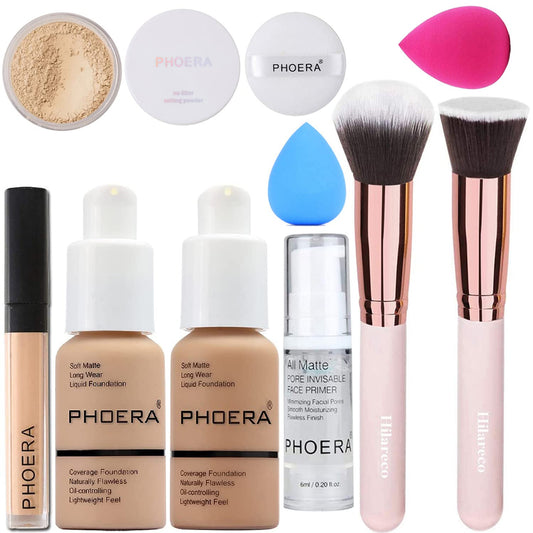 Fond de teint, poudre, ensemble de maquillage Correcteur , pinceaux de maquillage 2 éponges de maquillage