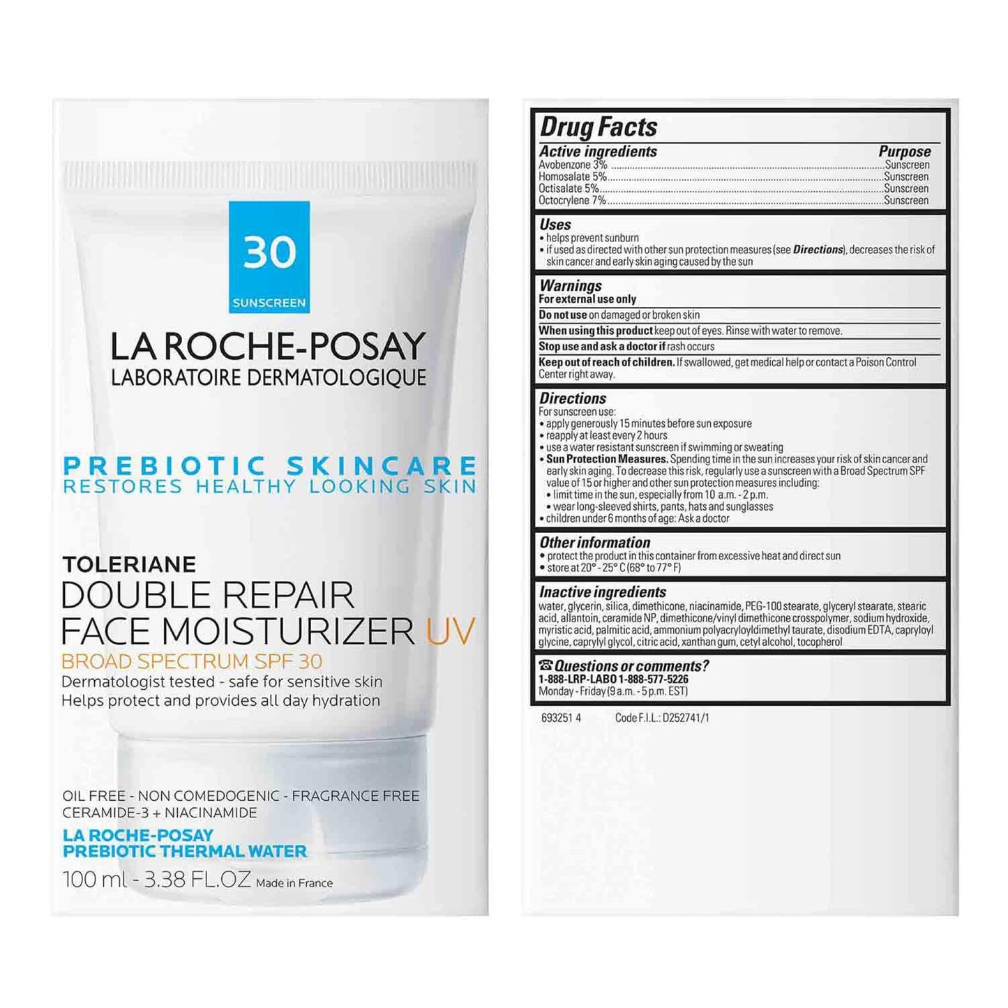 La Roche-Posay Toleriane Double Repair Face Moisturizer | Crème hydratante quotidienne pour le visage avec céramide et niacinamide pour tous les types de peau | Sans huile | Sans parfum